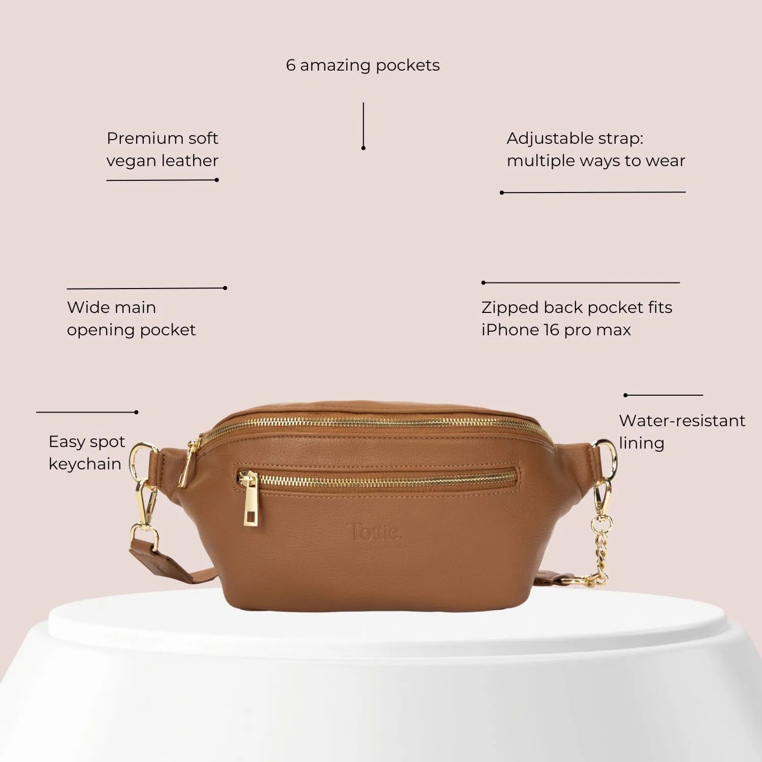 Feature diagram of a tan bum bag with gold hardware made from vegan leather – convertible to waist or belt bag.
