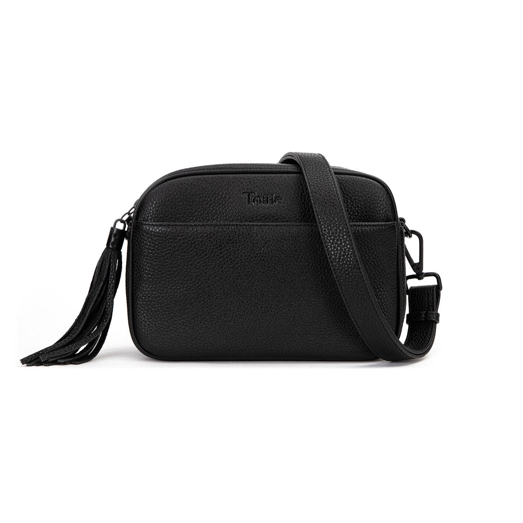 black leather crossbody bag in white background