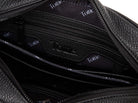 unzipped black leather crossbody bag in white background