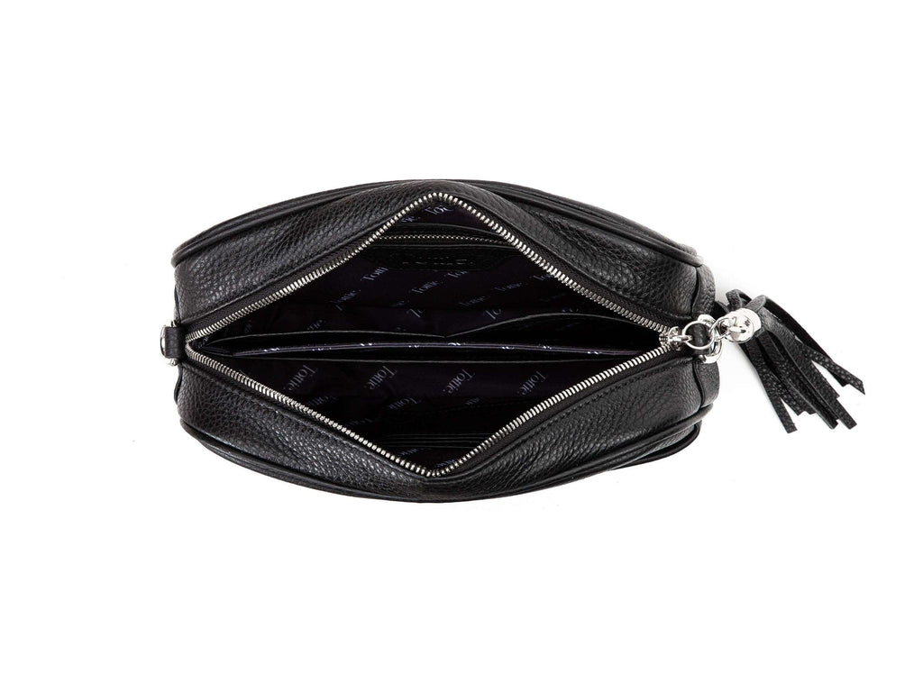 unzipped black leather crossbody bag with silver hardware in white background