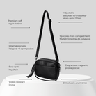 Black leather crossbody bag with features listed on a gray background