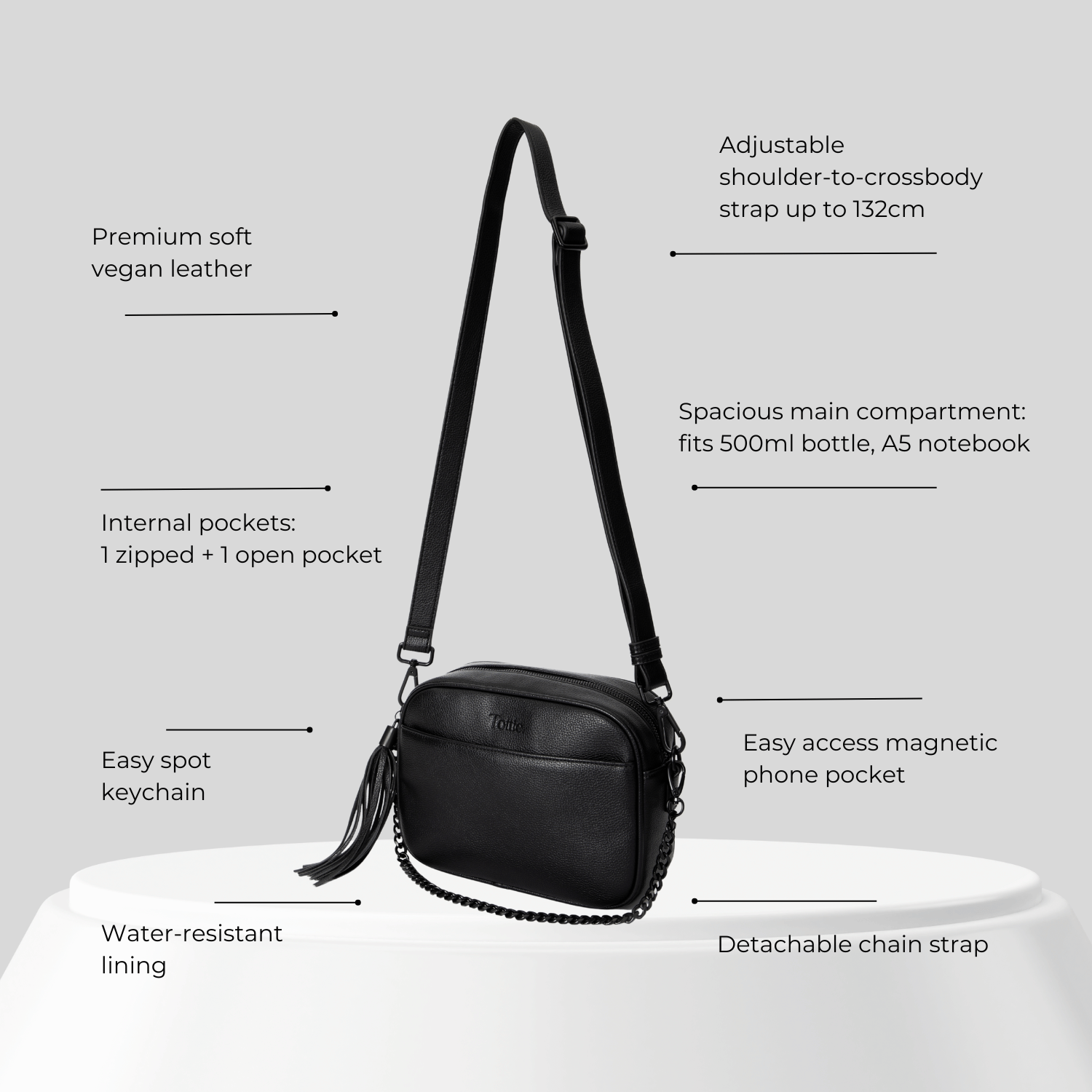 Black leather crossbody bag with features listed on a gray background