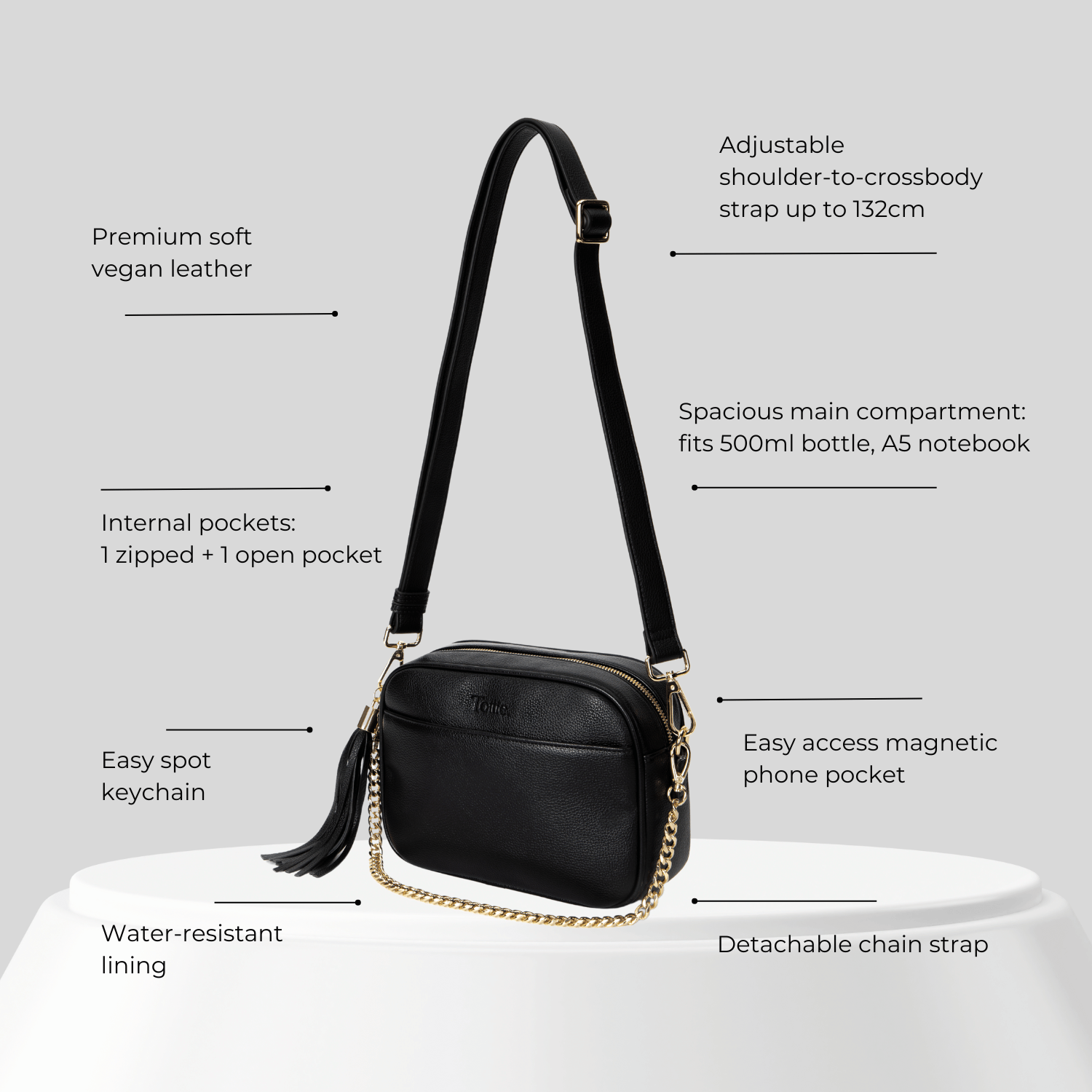 Black handbag with features listed on a gray background