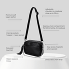 Black vegan leather crossbody bag with features listed on a gray background