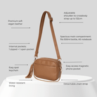 Brown crossbody bag with features listed on a gray background