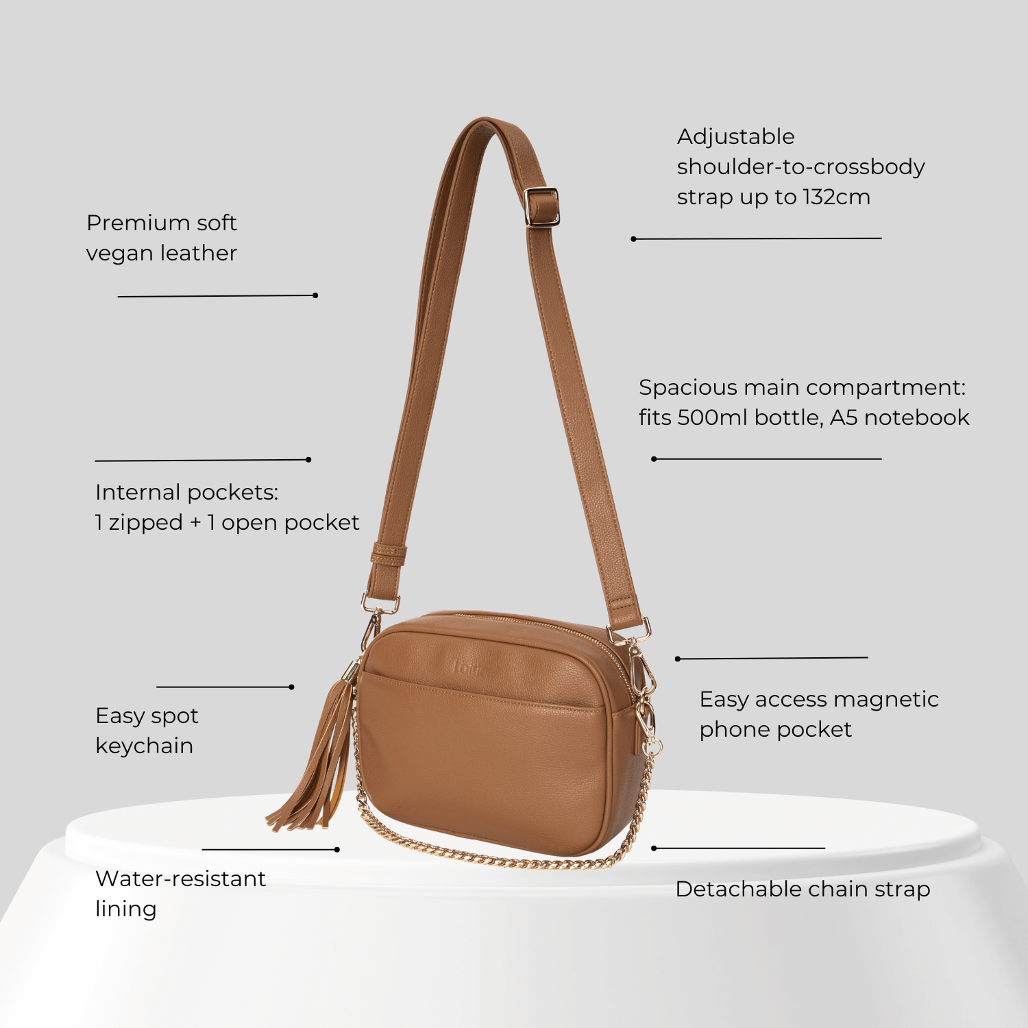 Brown crossbody bag with features listed on a gray background