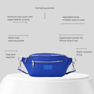 Blue belt bag with features listed on a gray background