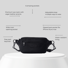 Black waist bag with features listed on a gray background