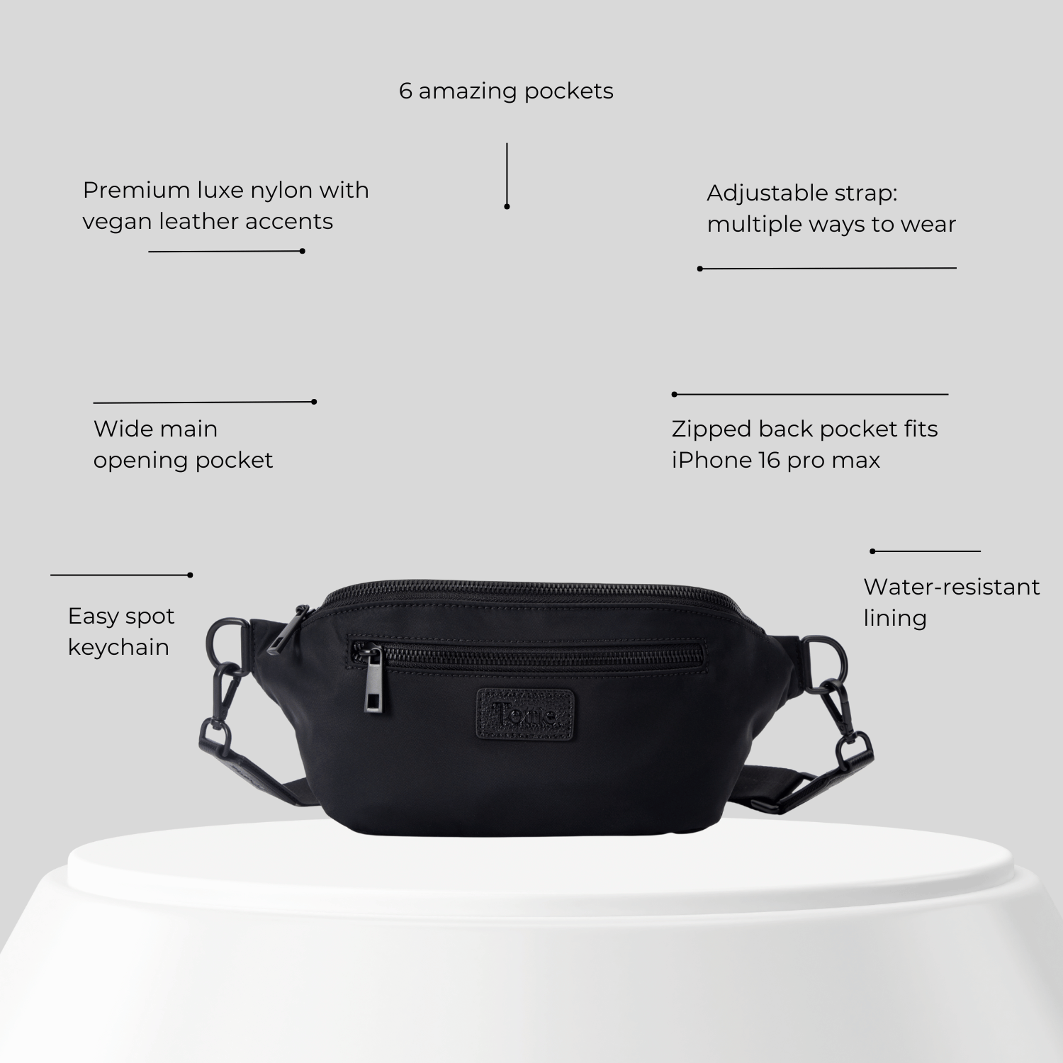 Black waist bag with features listed on a gray background