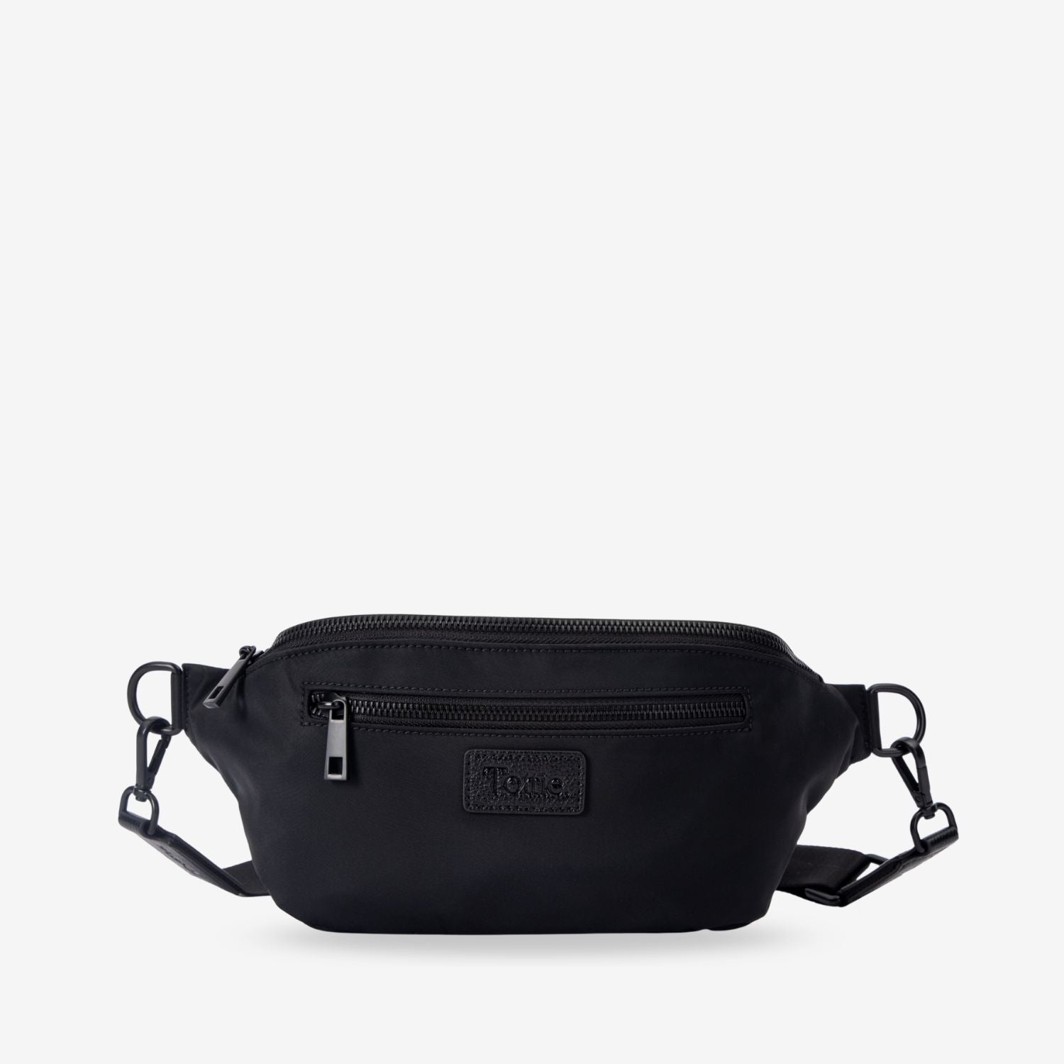 Black nylon bum bag with a visible brand logo on a white background
