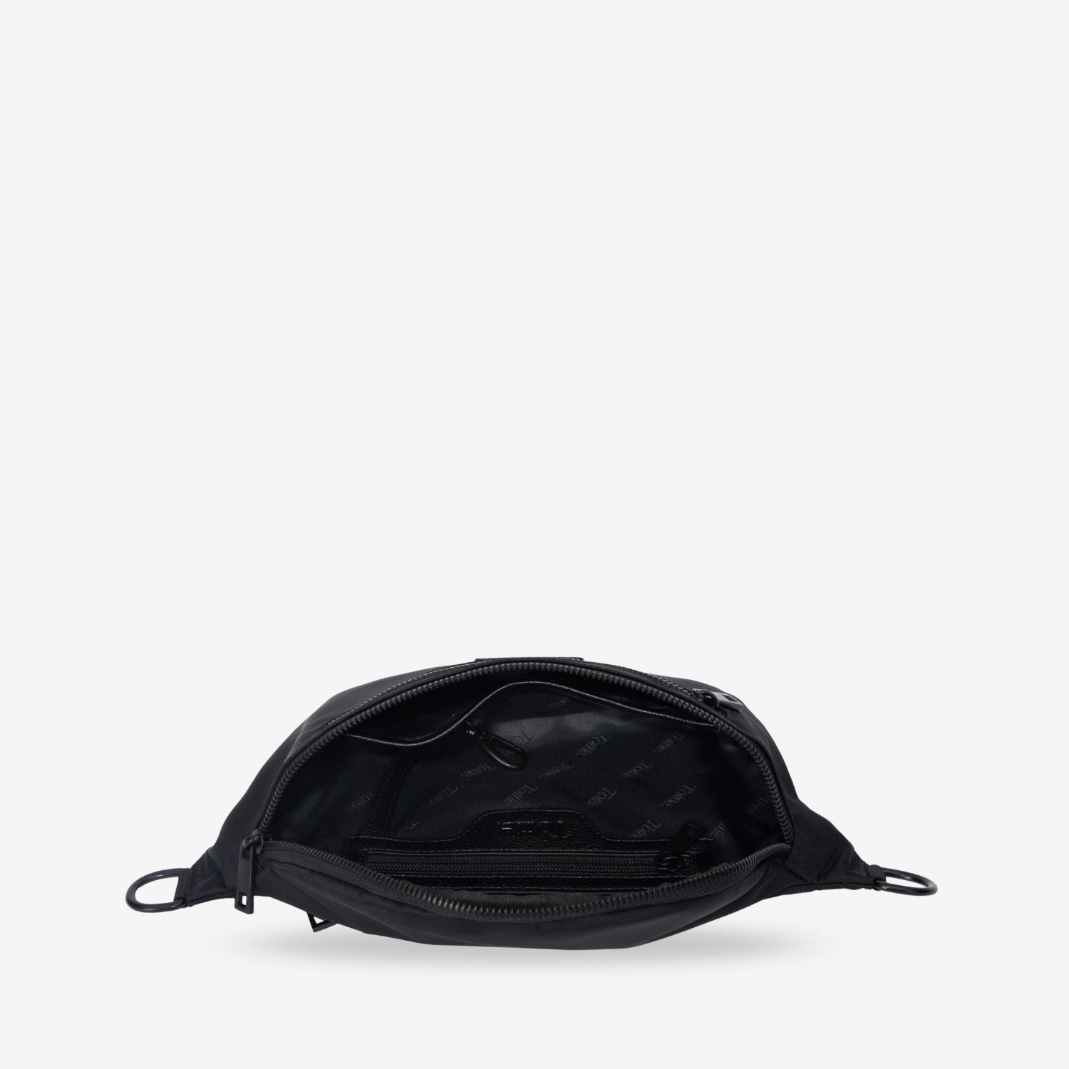 Black bum bag with zipper on a white background