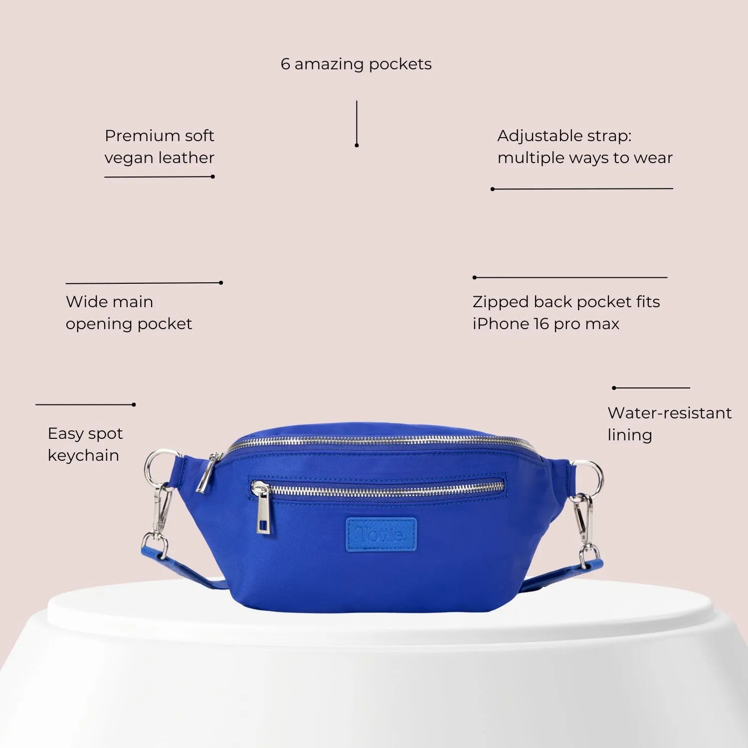 Infographic showcasing key benefits of a blue nylon bum bag – doubles as a belt or waist bag.