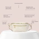 Benefits breakdown of a cream nylon bum bag with gold hardware, featuring belt bag and waist bag versatility.