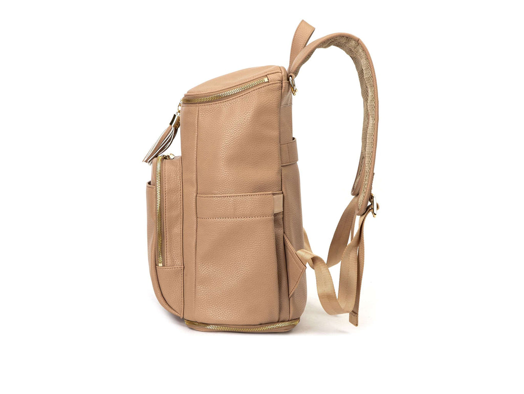 stone colored backpack with gold hardware on white background