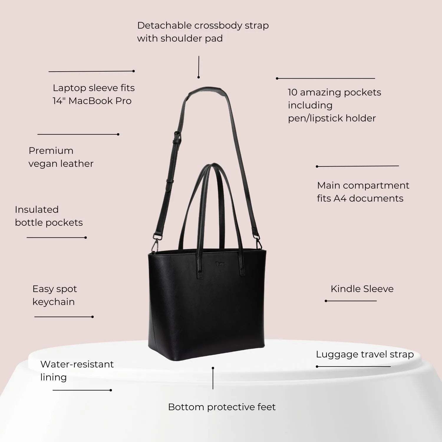 Black vegan leather tote bag with benefits chart – durable, stylish, and perfect for everyday use.
