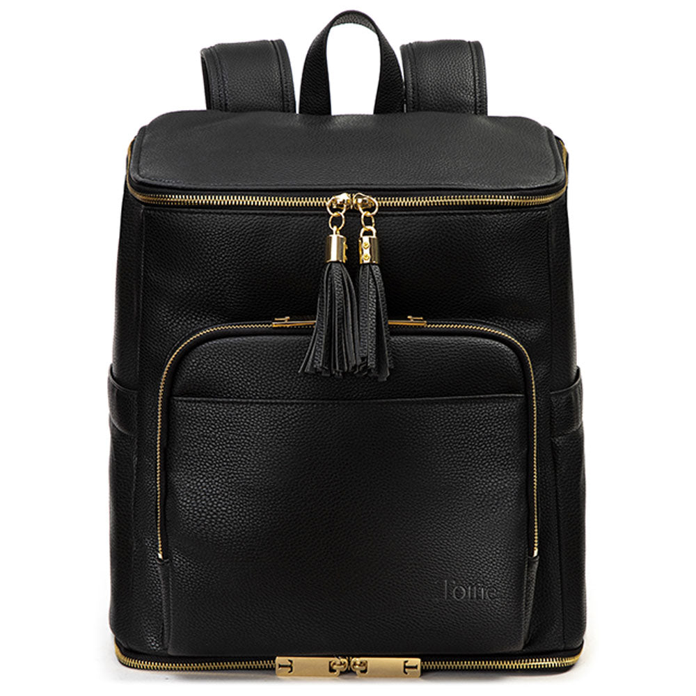 black backpack with gold hardware on white background