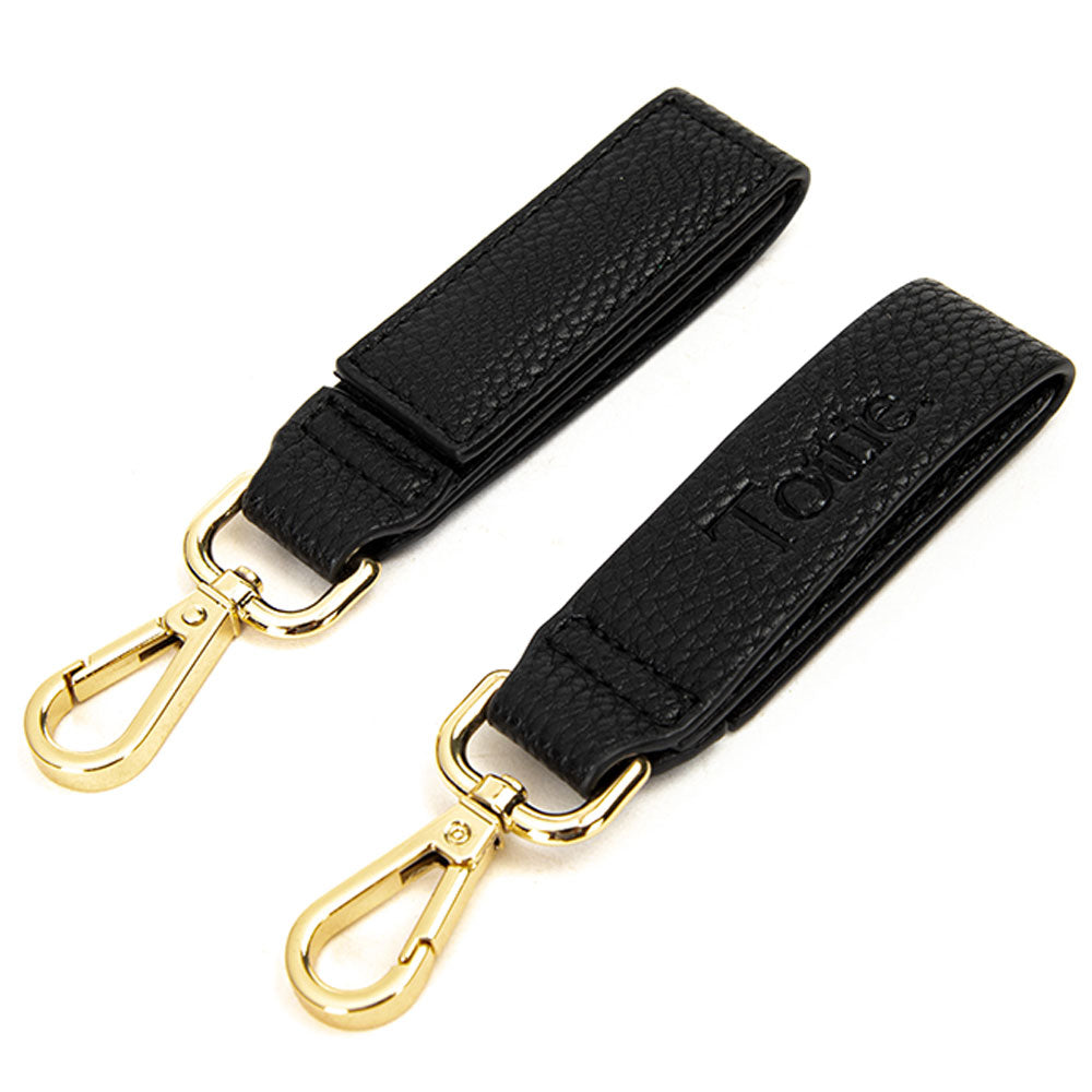 black leather pram clip with gold buckle clip
